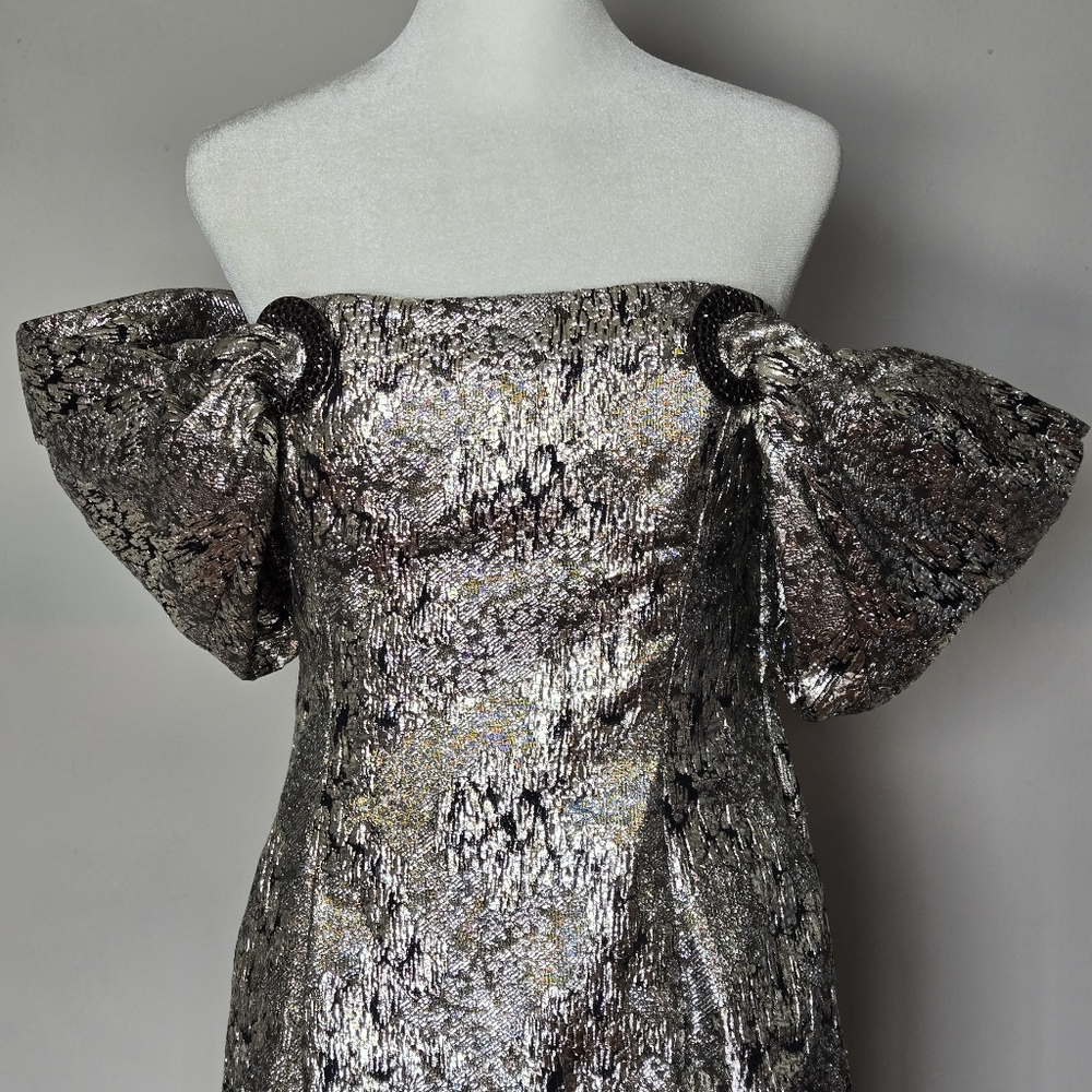 Victor Costa Metallic Silver Puff-Sleeve Maxi Gown - Picture 12 of 15